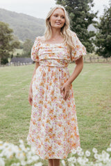 Clo Puff Sleeve Midi Dress - Peach Floral