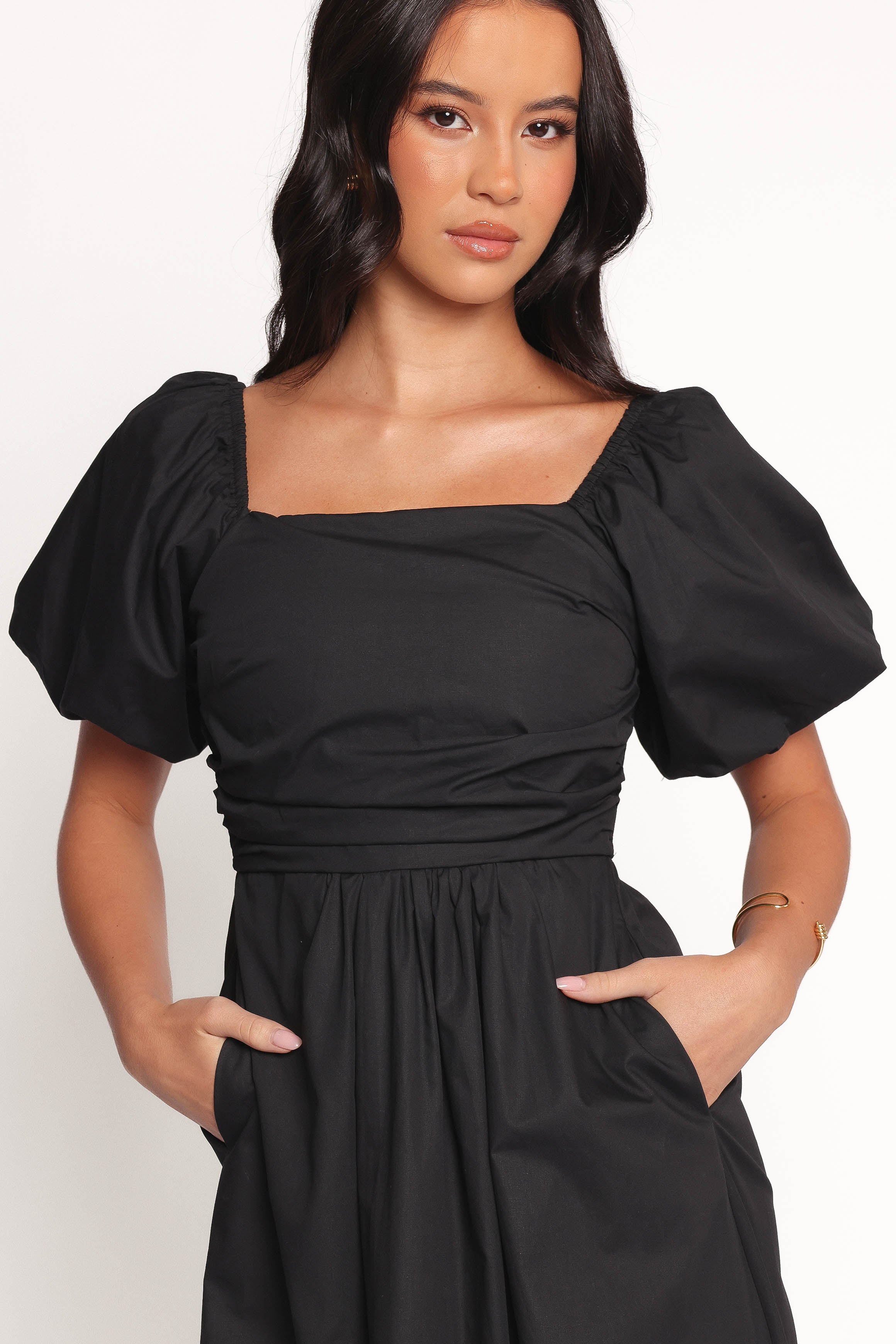 Clo Puff Sleeve Midi Dress - Black