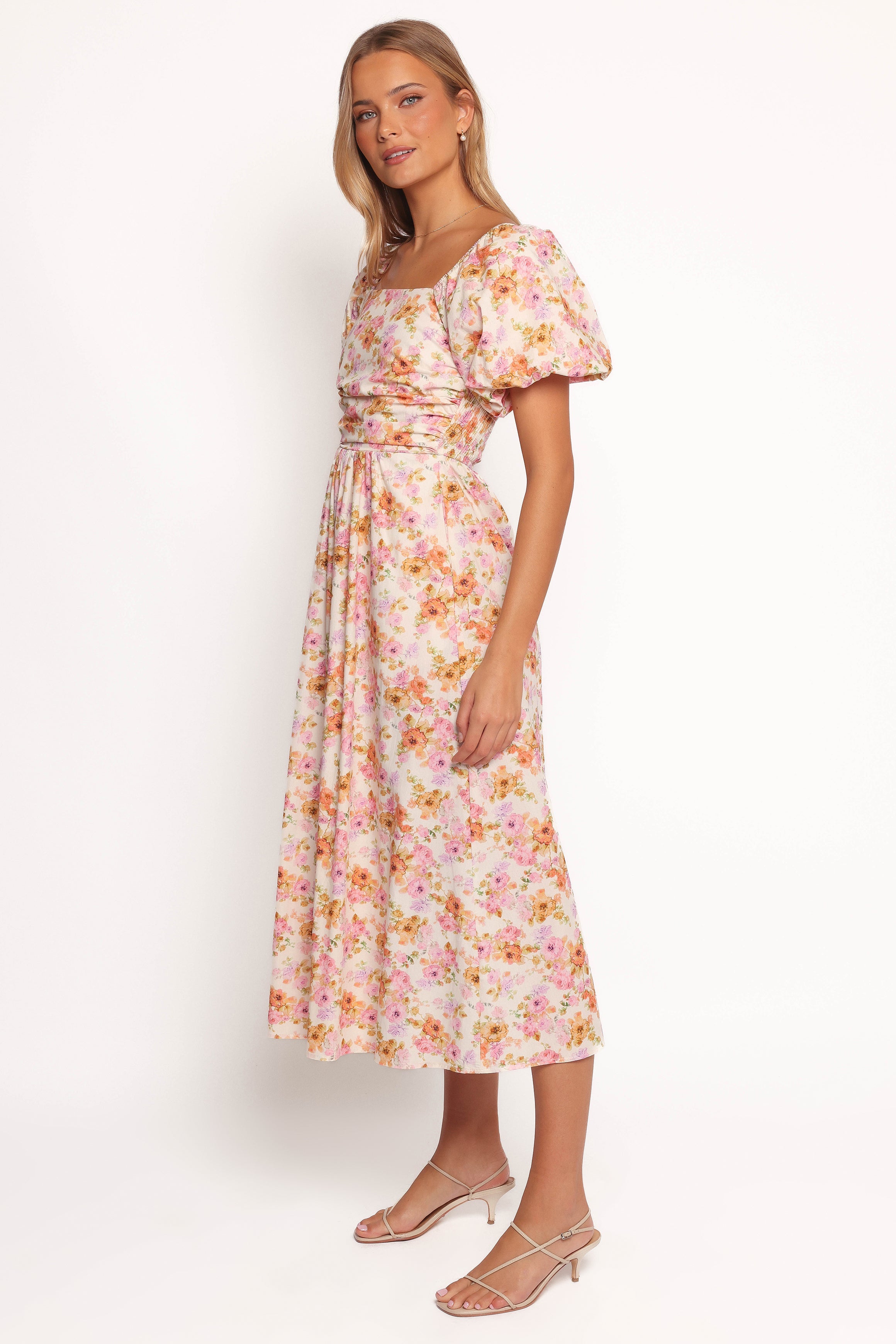 Clo Puff Sleeve Midi Dress - Peach Floral